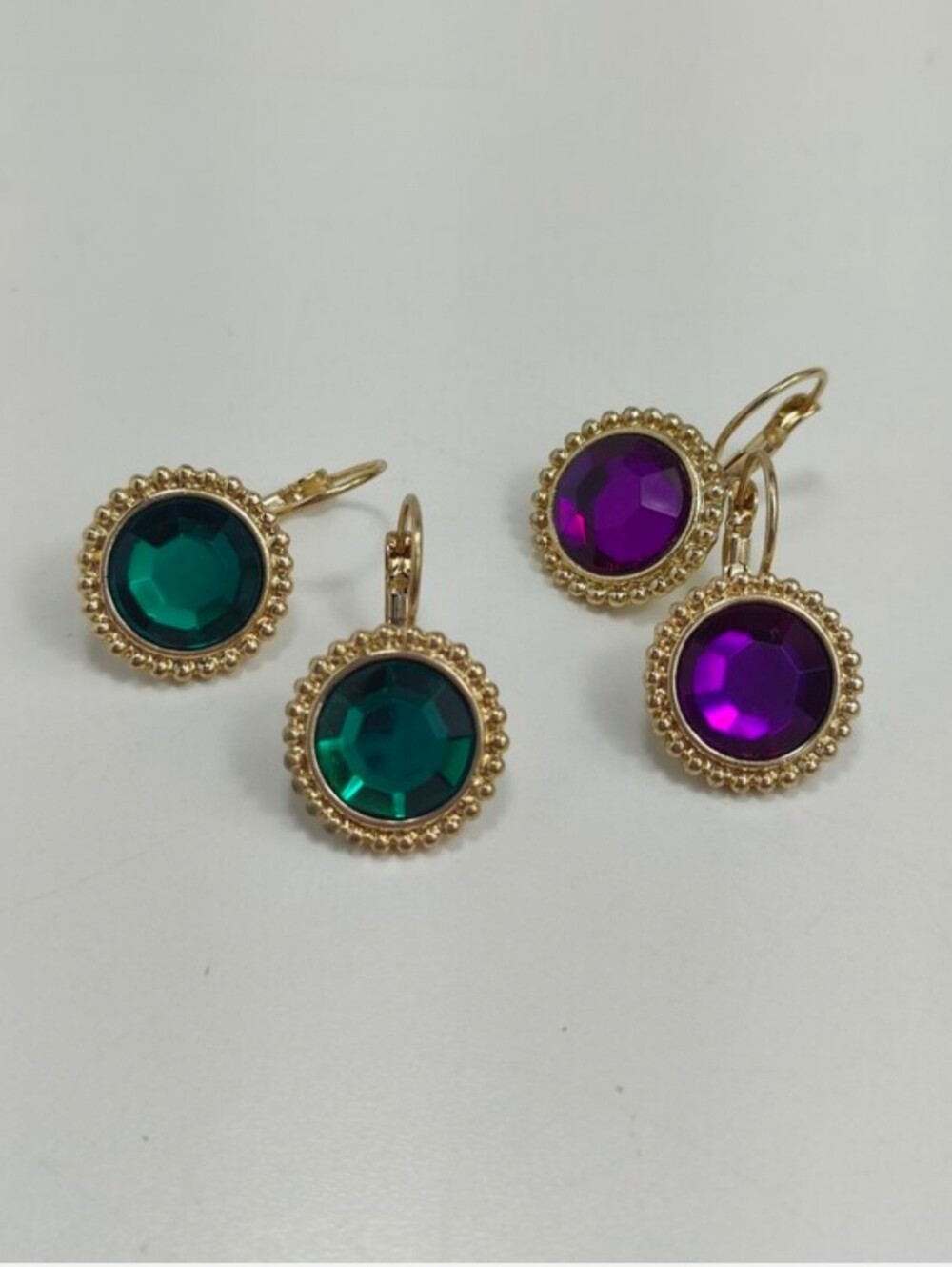 COLOR 2 Pair Faceted Glass Jewel Tone Green Purple Leverback Earrings NWOT